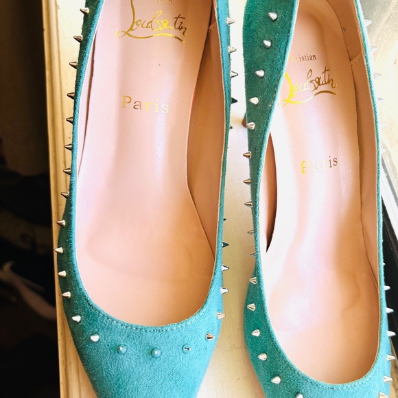 Red Bottom Suede Turquoise Spike Stilettos - Picture 3 of 15
